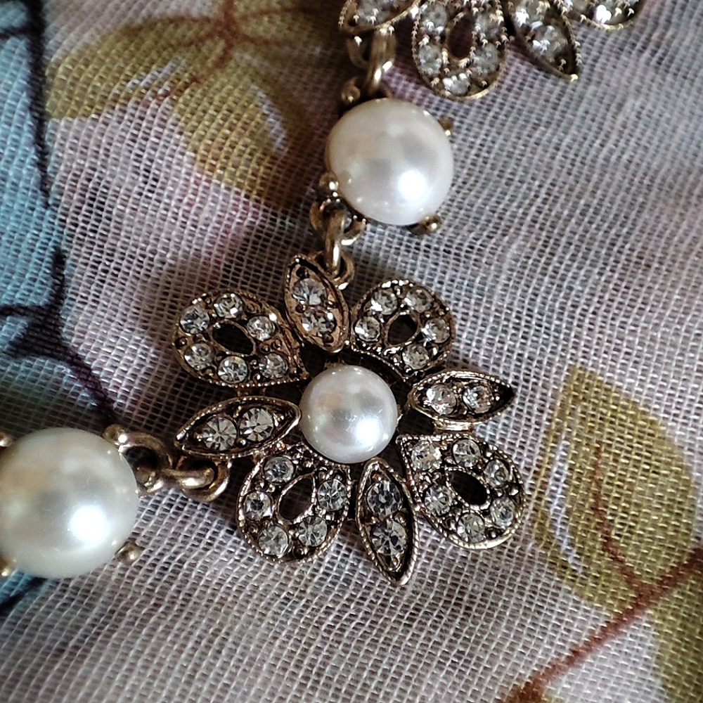 Light Gold Tone Faux Flat Back Pearl Rhinestone Bride Bridal Wedding Necklace - Picture 7 of 9